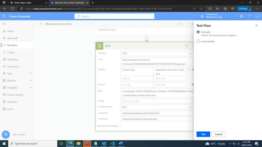 one way whatsapp messaging using Power automate to Twillio