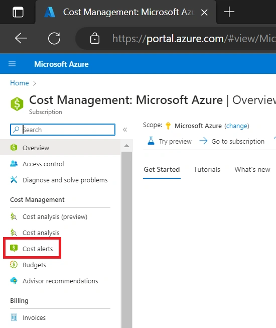 cost alerts in Azure