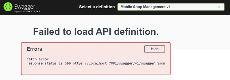Failed to load API definition Response Status 500 in ASP .NET