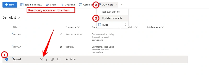 update list items with elevated access to read-only content using Power Automate