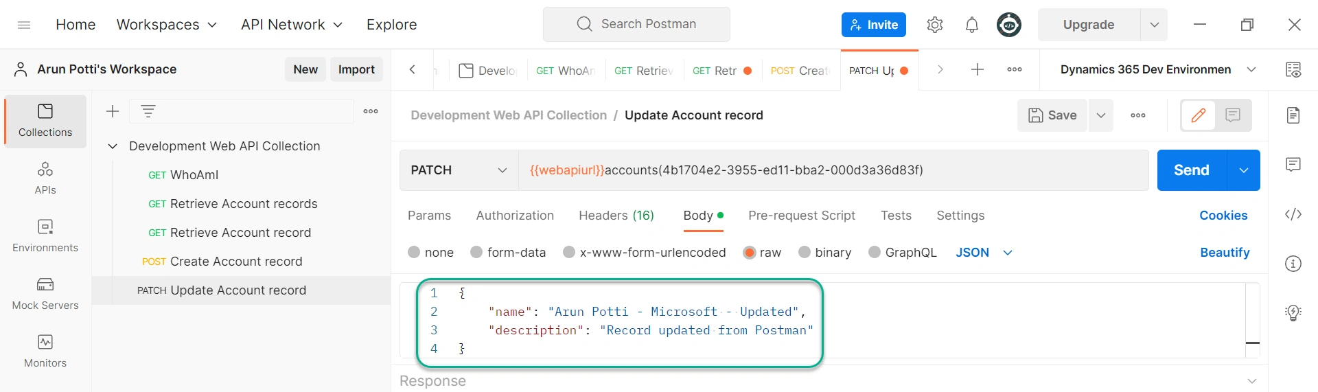 Update The Table Row Values In A Dataverse Environment From Postman