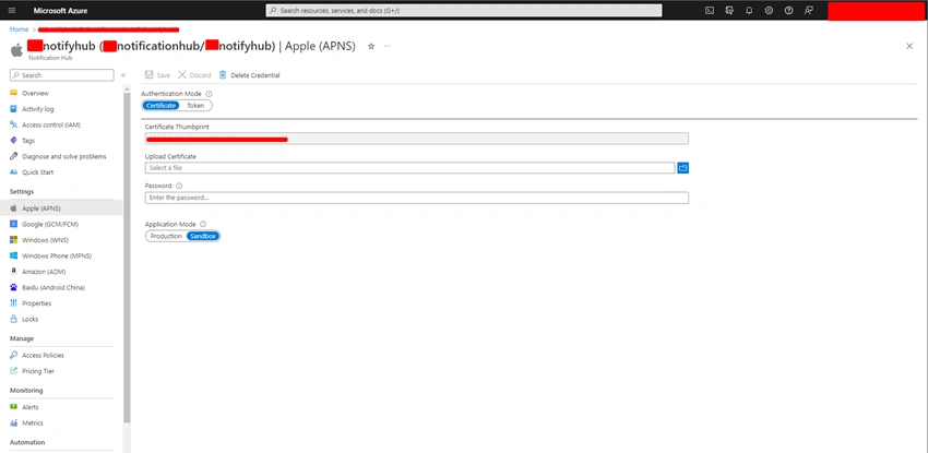 How To Upload APNS Certificate To Azure Portal