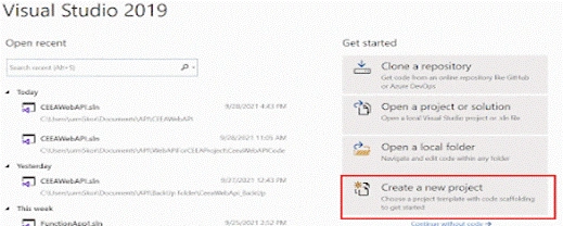 Creating a new project in Visual Studio.