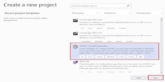 Selecting ASP.Net Core Web Application in Visual Studio.