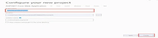 Entering project name and location in Visual Studio.