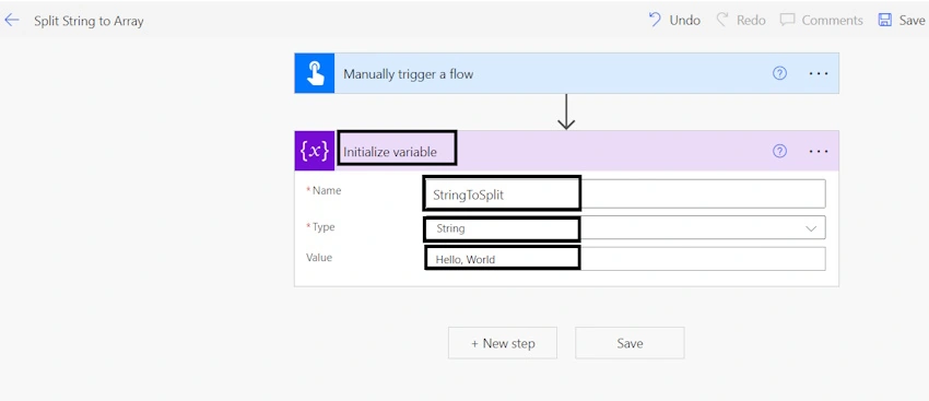 Initalize Variable Split string into array