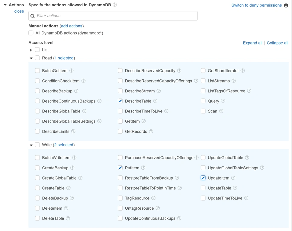 Select DynamoDB Actions