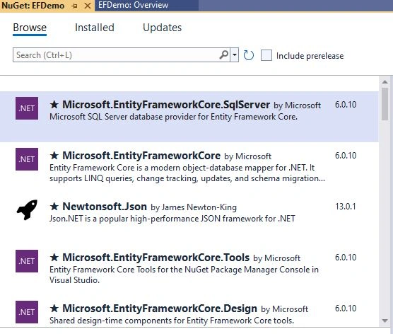 Installing Entity Framework Core