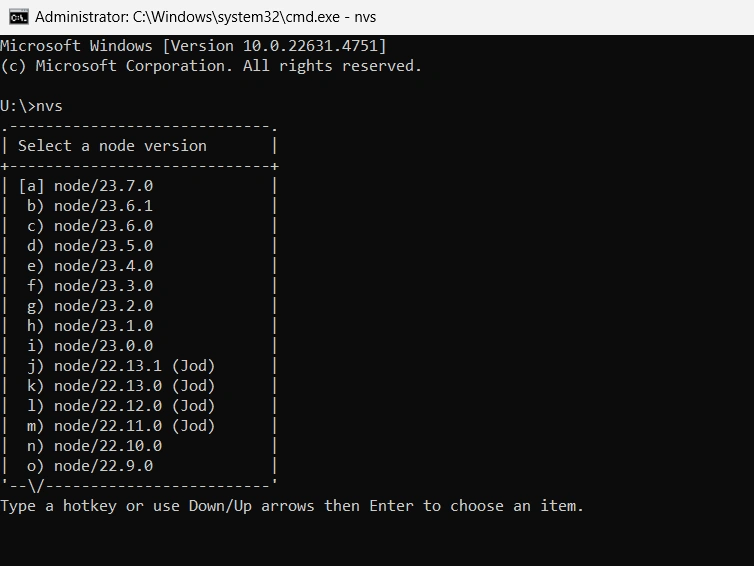 Select a node version