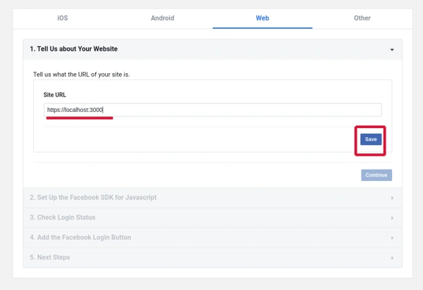 set up Url of your website facebook login