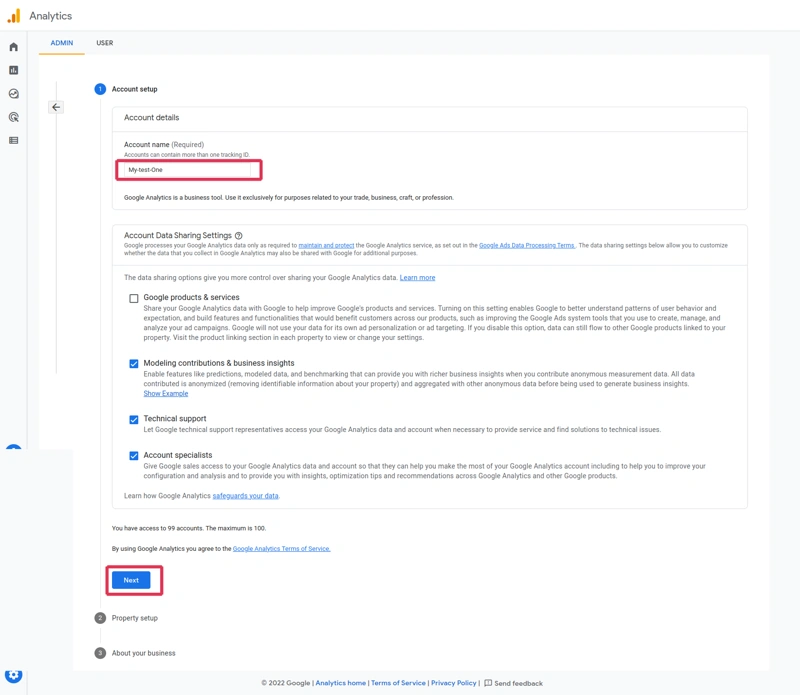 Google analytics configure account