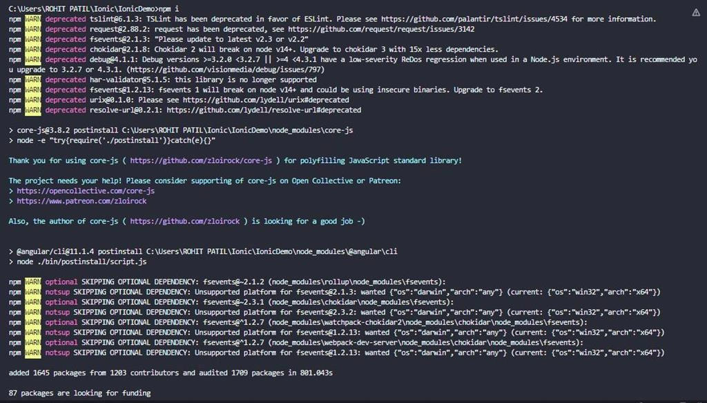 ionic project created and all the dependencies installed