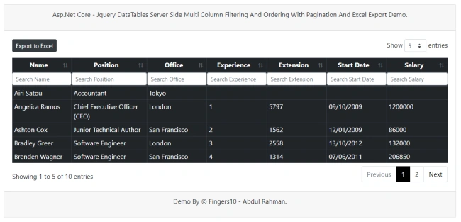 jQuery DataTables With ASP.NET Core Server Side Processing