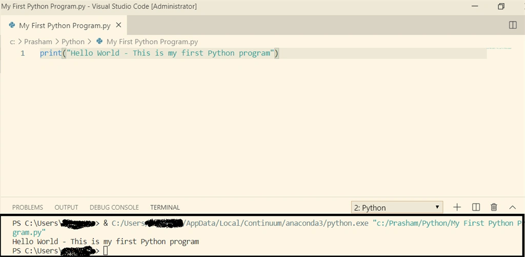 Python program output in Terminal Window of Visual Studio Code