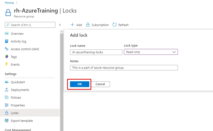 Locking in azure resource group