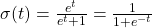 \sigma (t)={\frac {e^{t}}{e^{t}+1}}={\frac {1}{1+e^{-t}}}