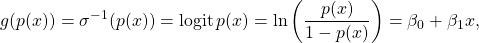 {\displaystyle g(p(x))=\sigma ^{-1}(p(x))=\operatorname {logit} p(x)=\ln \left({\frac {p(x)}{1-p(x)}}\right)=\beta _{0}+\beta _{1}x,}