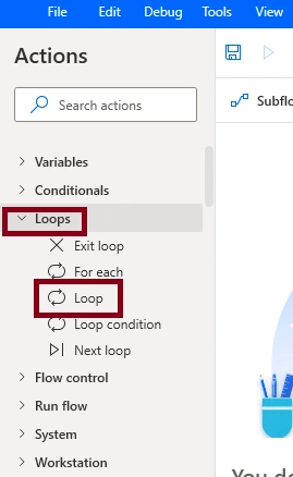 Loops Action in Desktop flow