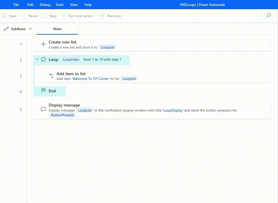 Loops Action in Desktop flow