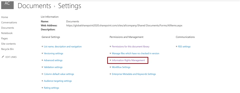 Information-Rights-Management-settings-in-Document-Libray-Settings-Page