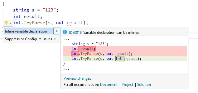 Visual Studio hint for Inline variable declaration