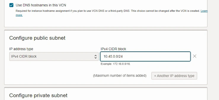 Input the CIDR as 10.45.0.0/24