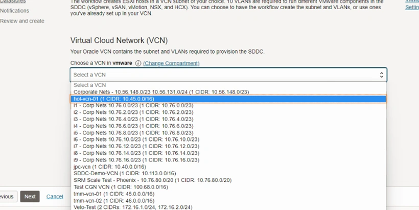 "hol-vcn-01" (CIDR: 10.45.0.0/16)