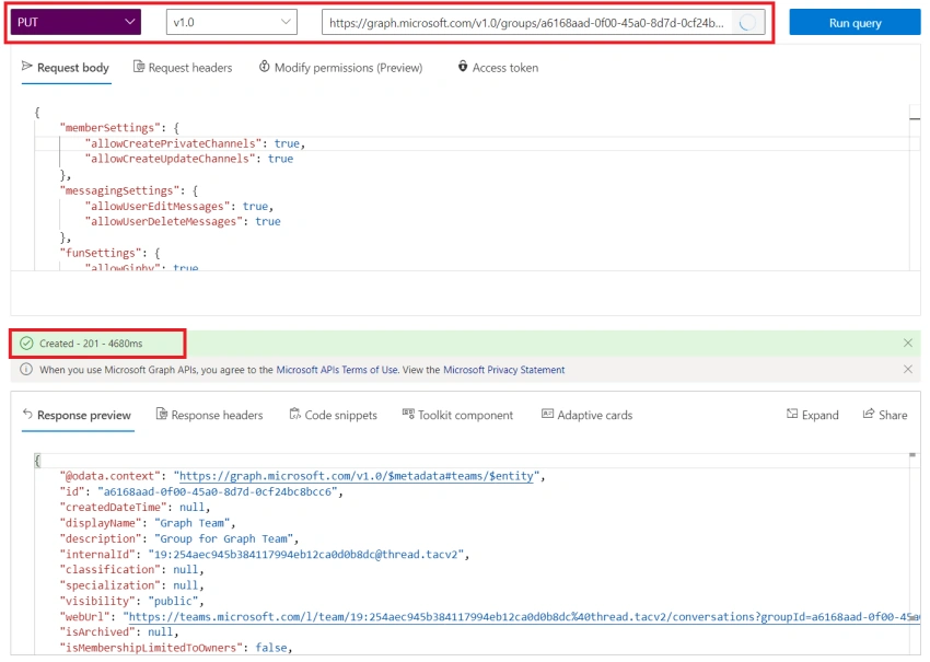MS Teams Team creation with Graph APIs from Graph Explorer