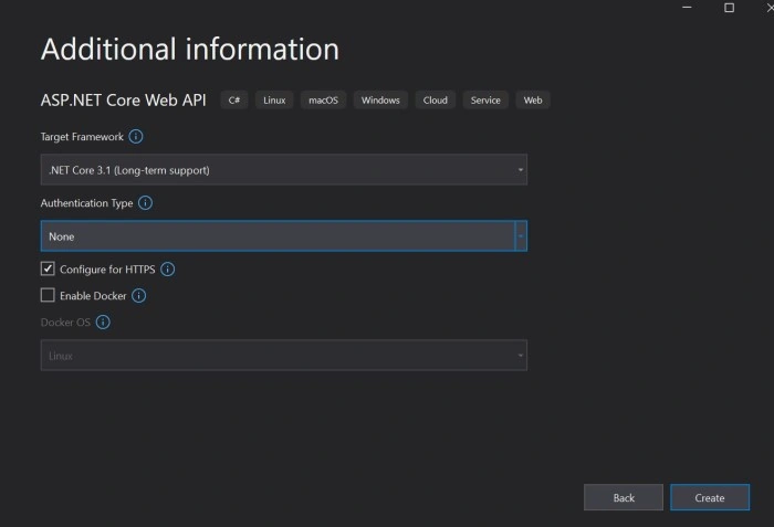 Select Target framework & click Create