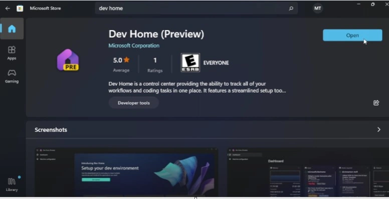 Dev Home tool in Windows