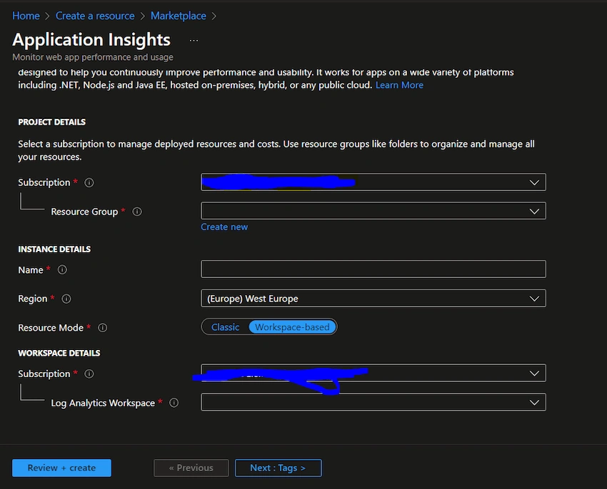 Creating an application insight resource in the Azure portal