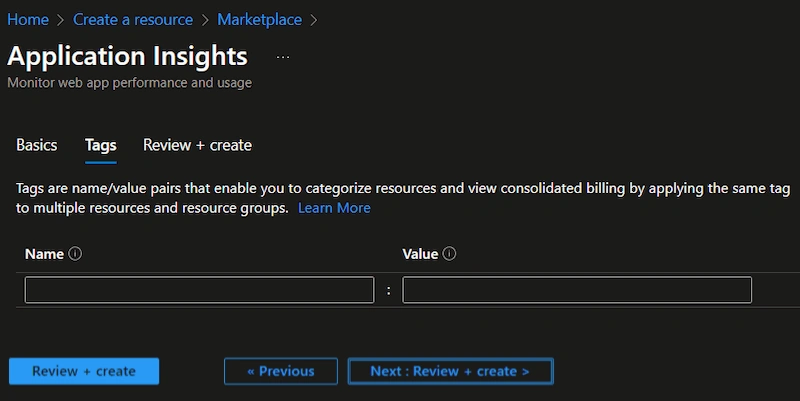 Creating an application insight resource in the Azure portal