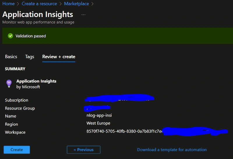 Creating an application insight resource in the Azure portal