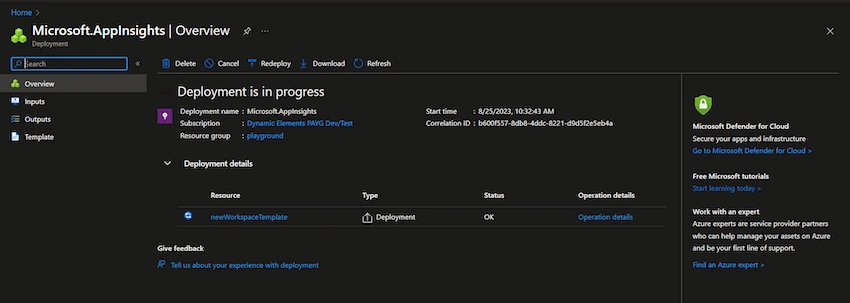 Creating an application insight resource in the Azure portal