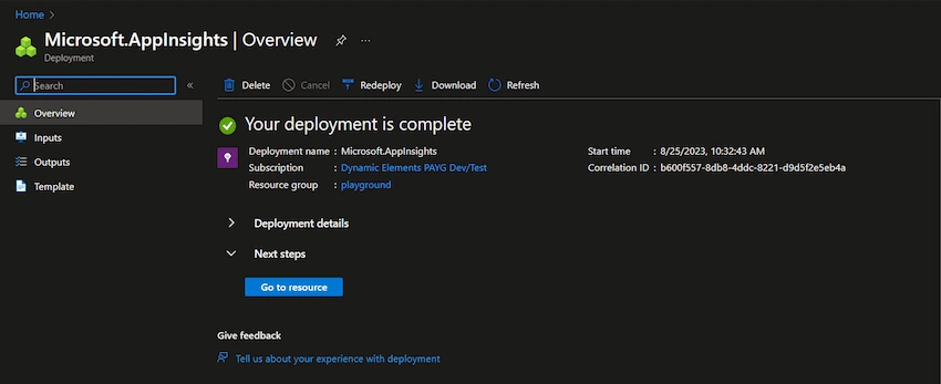 Creating an application insight resource in the Azure portal