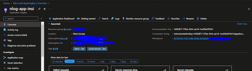 Creating an application insight resource in the Azure portal