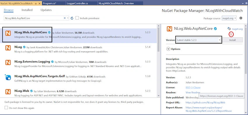 NLog With/Without AWS CloudWatch in .Net Core