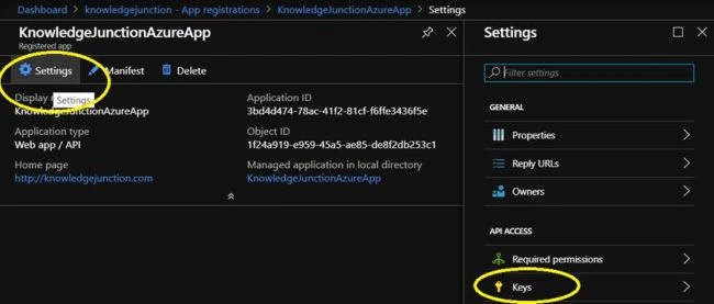 Azure Active Directory admin center - Azure App />> Settings icon