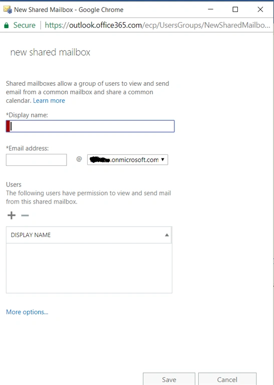 Office 365 - Shared MailBox - New Shared MailBox dialog