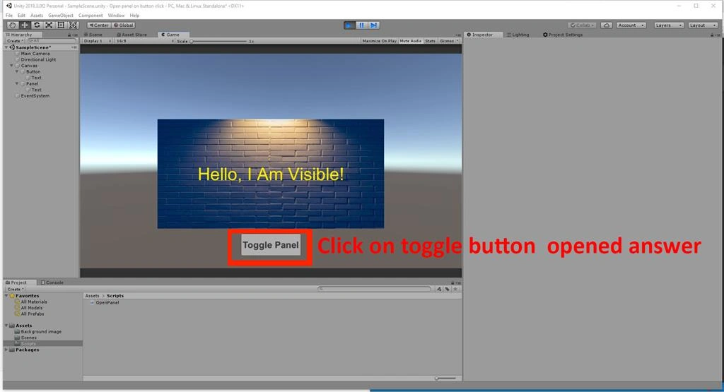 Open Panel On Button Click Using C# Script in Unity