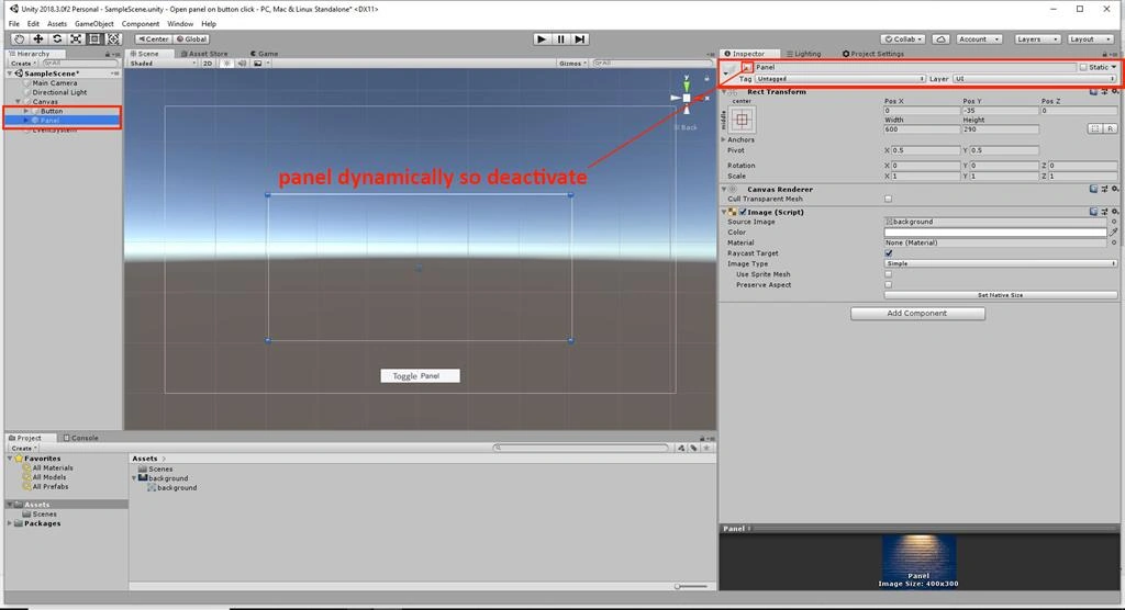 Open Panel On Button Click Using C# Script in Unity