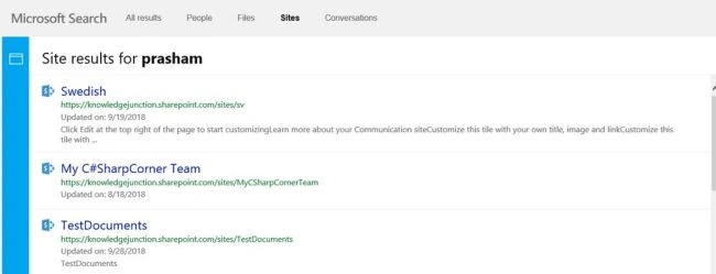 Office 365 - Microsoft Search - Result for Sites for user Prasham
