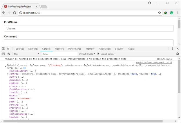 ngModel object in console