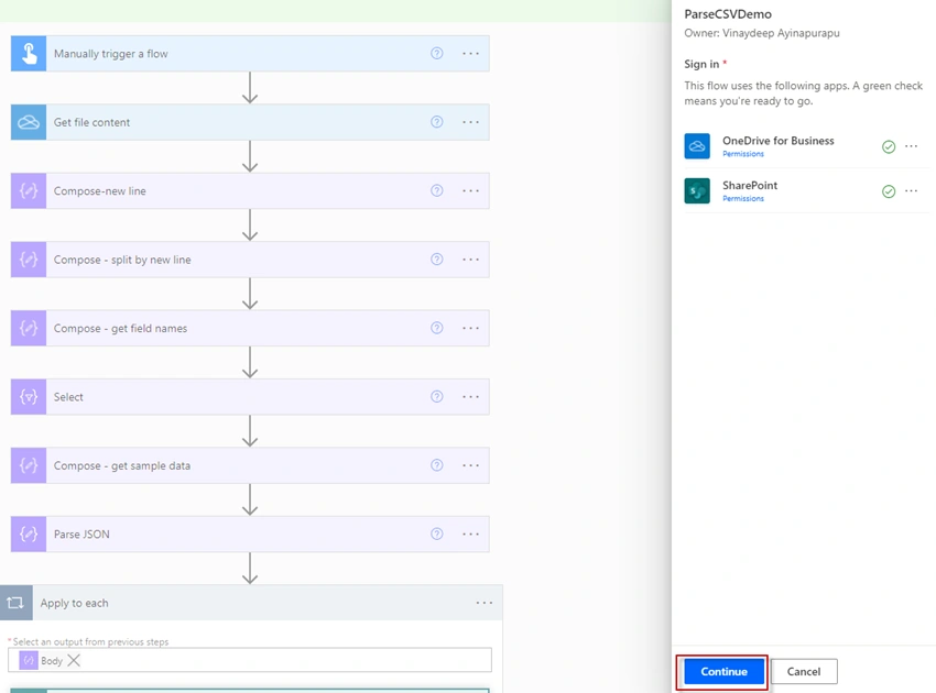 Parse CSV file using Power Automate