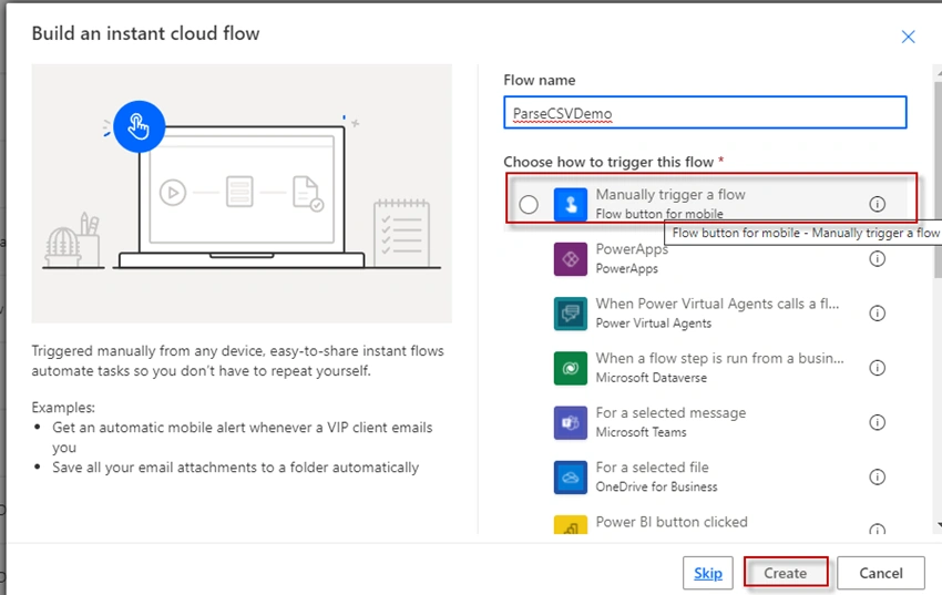 Parse CSV file using Power Automate
