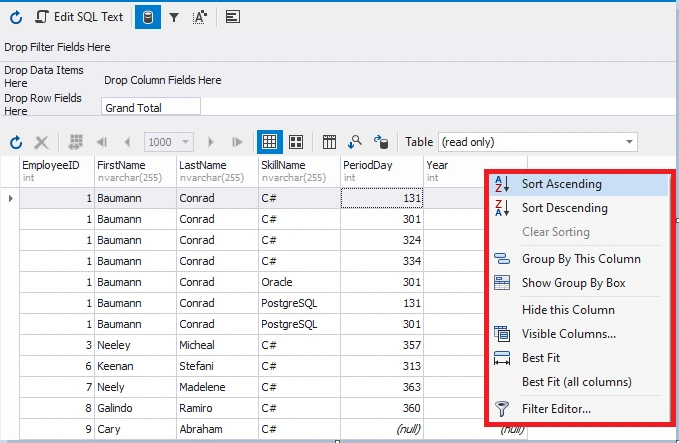 Context menu of the result data set window
