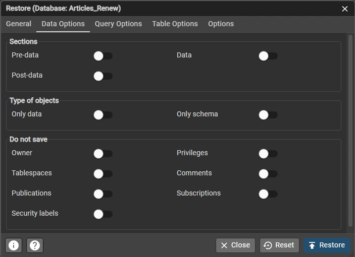 Restore Data Options Tab Image