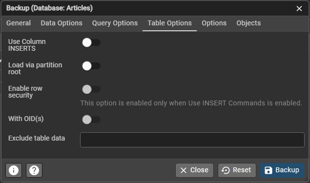 Table Options Tab
