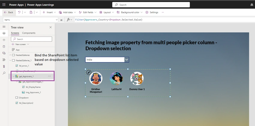 Power Apps - Fetch image property from multi people picker column based on dropdown selection