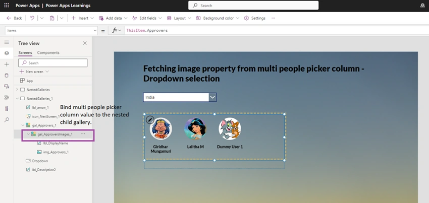 Power Apps - Fetch image property from multi people picker column based on dropdown selection